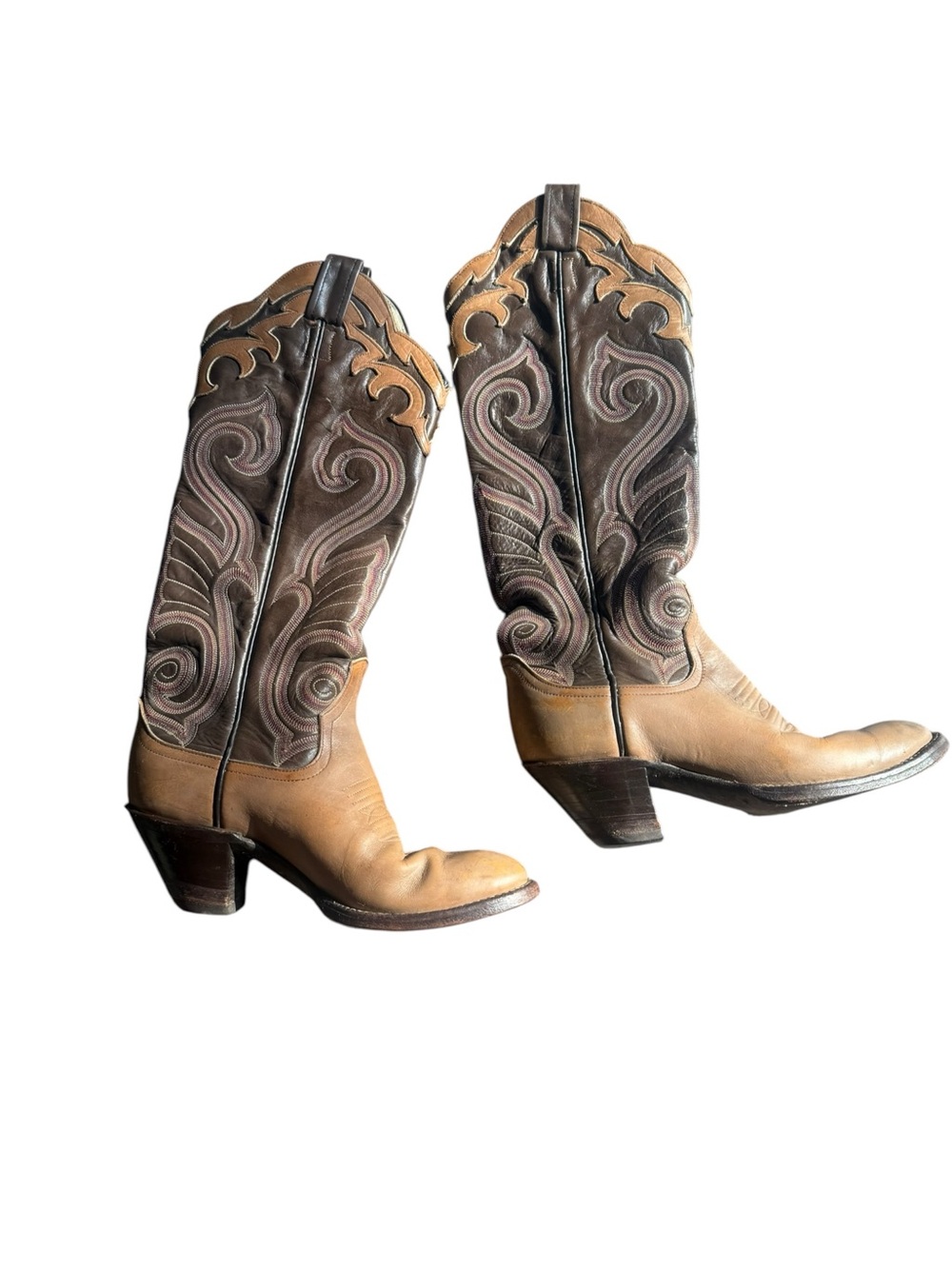 Vintage Larry Mahan Cowboy Boots Women’s 8N Two Tone Leather Western Brown Tan